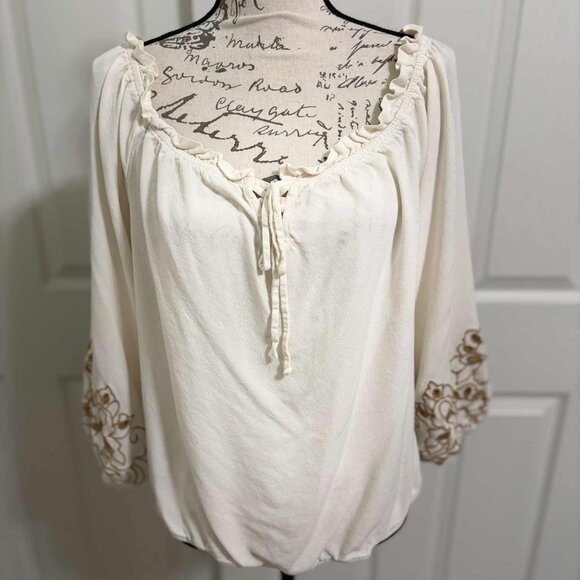 Maurices Tops - Women's Gently Worn Cream Blouse with Brown Design & Ruffled Neck & Cinched
